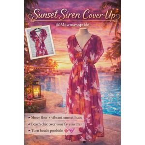 Women XS Pink Orange Floral Sheer Maxi Swim Cover-Up‎ Dress Sunset Siren